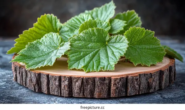 Fresh Green Leaves on Wooden Slice