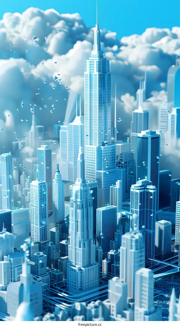 Abstract 3D Cityscape with Clouds and Blue Sky