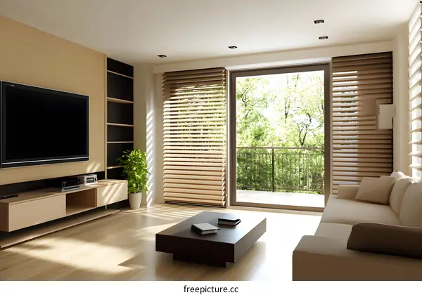 Modern Living Room with Large Window and Wooden Blinds