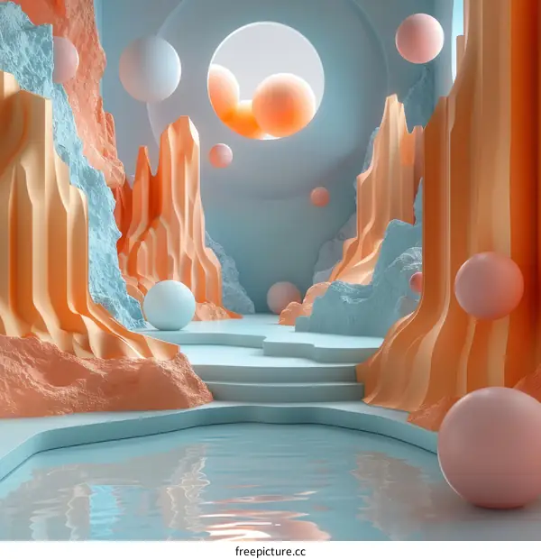 Pink and blue abstract landscape with floating spheres