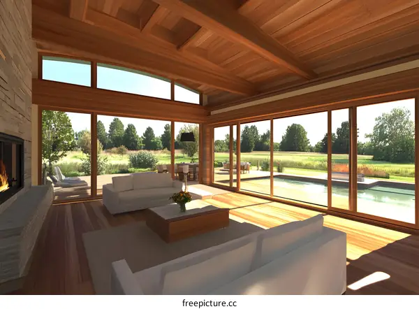 Modern Living Room With Large Windows And A View Of A Swimming Pool