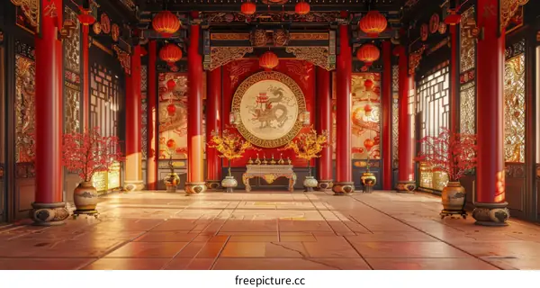 Chinese Style Courtyard with Red Lanterns and Golden Dragon Painting