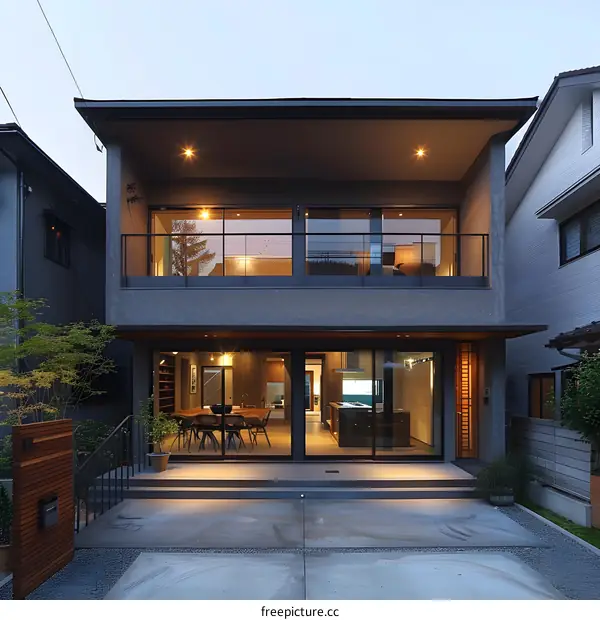 Modern Two Story Home with Glass Doors and a Balcony