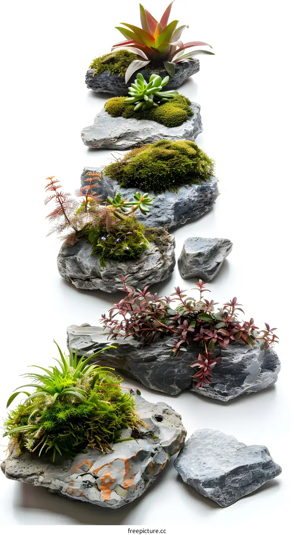 Stones with moss and succulent plants