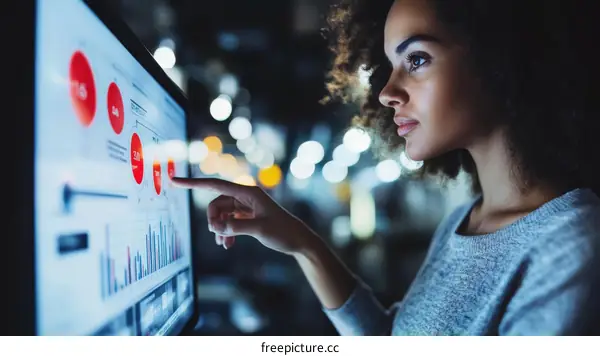 Focused Woman Analyzing Data on Interactive Display