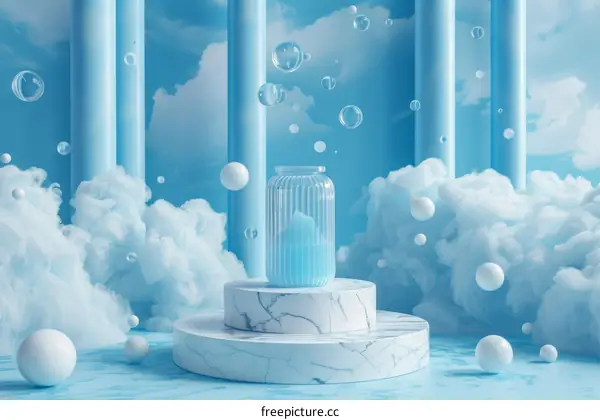 Abstract Blue Scene with Marble Podium and Glass Jar