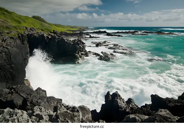 Waves Crashing on Rocky Coastline