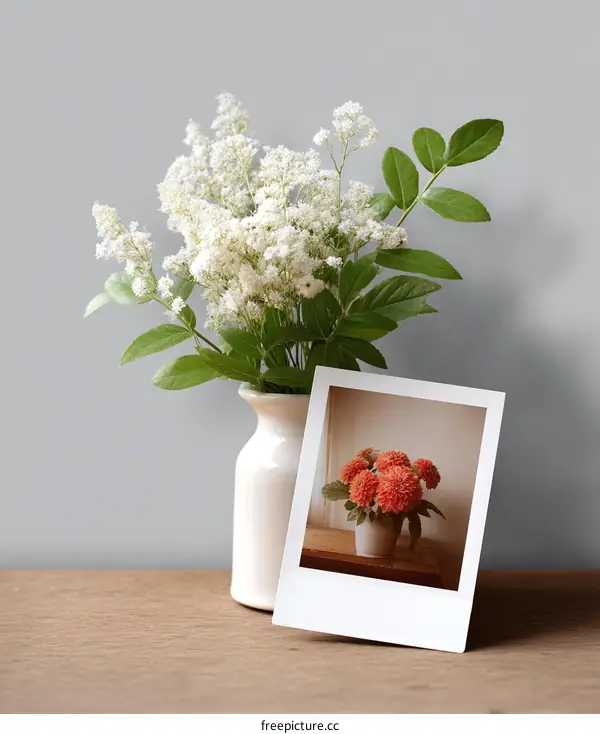 White Flowers in Vase with a Photo Frame