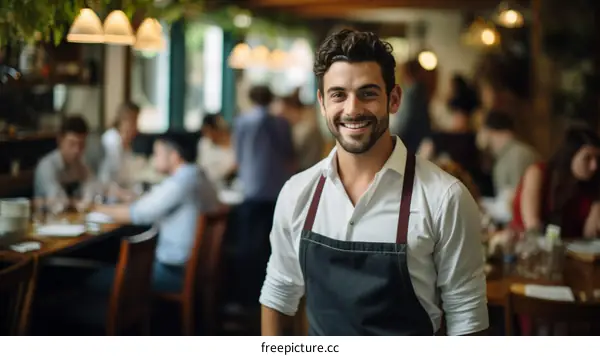Portrait of a smiling waiter in a busy restaurant
