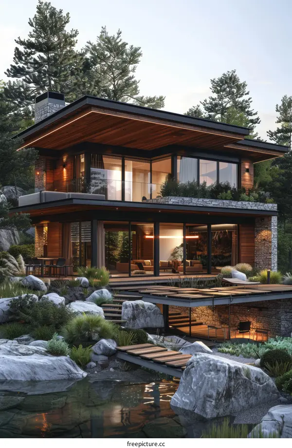 Modern House Exterior with Natural, Wood, Stone, and Glass Elements