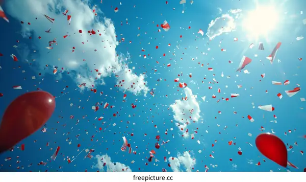 Red balloons and confetti falling from a bright blue sky