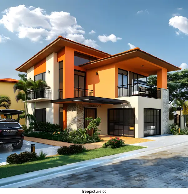 Modern Two Story House with Orange Exterior