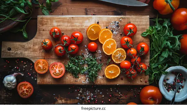 A wooden cutting board with tomatoes, oranges, and herbs