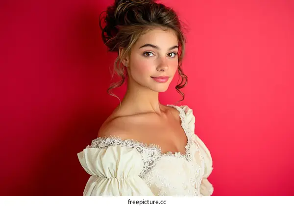 Elegant Woman in a Vintage Wedding Dress against Red Background