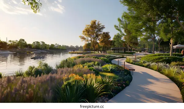 Scenic Riverside Park Pathway at Sunset