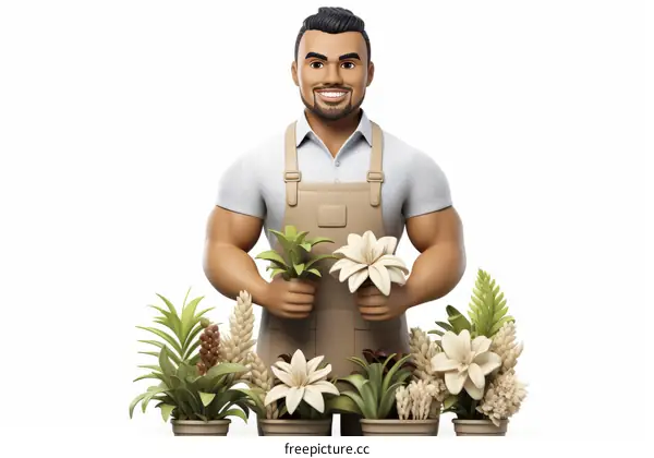 A male florist is holding a flower in a flower shop.