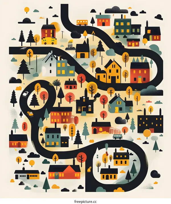 Colorful Illustration of a Small Town with Winding Road