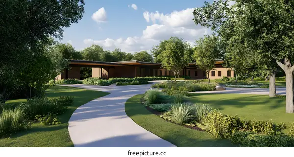 Modern House with Green Lawn and Winding Path