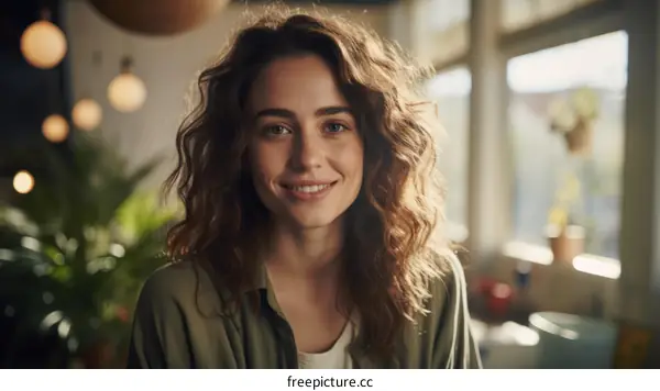 portrait of a young woman with curly hair smiling at the camera