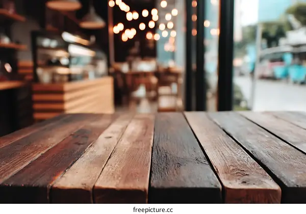 Wooden Tabletop in Cafe with Blurry Background