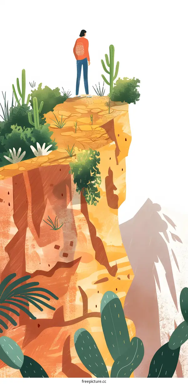 Woman Standing on Cliff Edge with Cactus Landscape