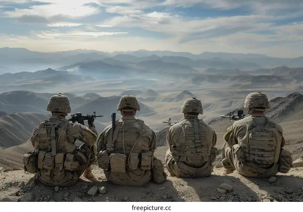 Four soldiers overlook a vast mountain range.