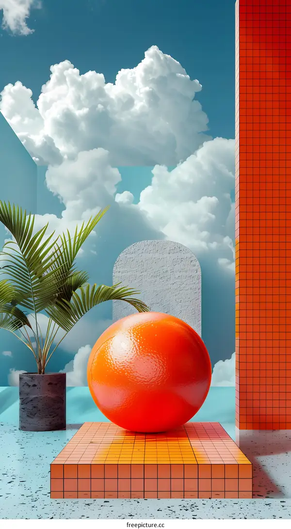 Orange Sphere on Platform with Clouds and Palm Tree