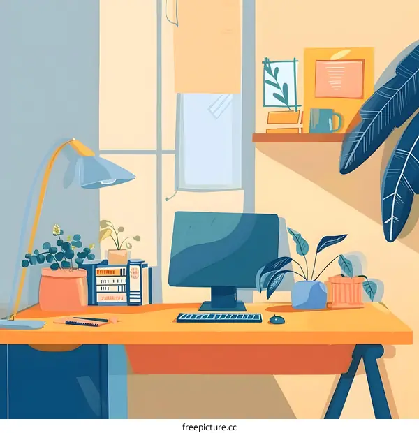 Modern Home Office Desk with Computer, Plants, and Lamp