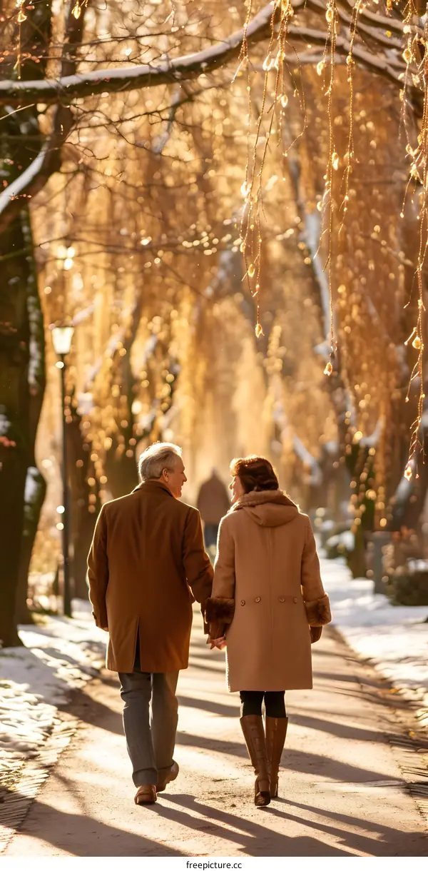 Couple Walking Through Snowy Path In Winter