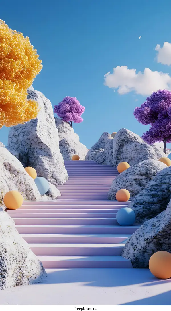 Abstract 3D Render With Stairway And Colorful Balls In A Surreal Landscape
