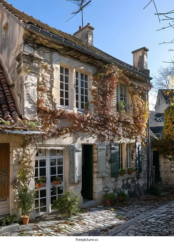 A stone house with a lot of plants growing on it