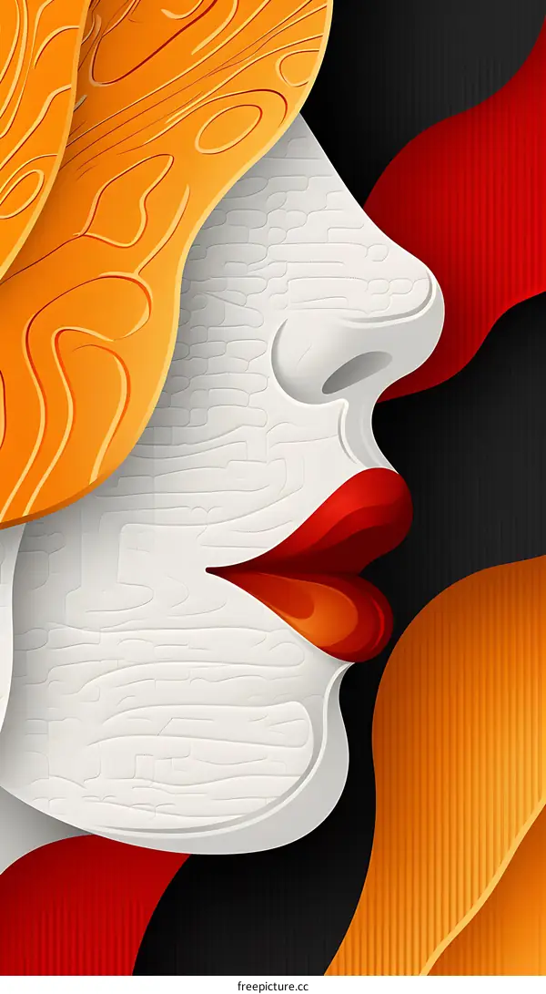 Abstract Portrait of a Woman in Paper Cut Style with Red Lips and Orange Hair