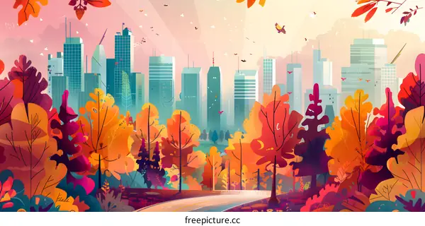 Autumn Landscape with City Skyline