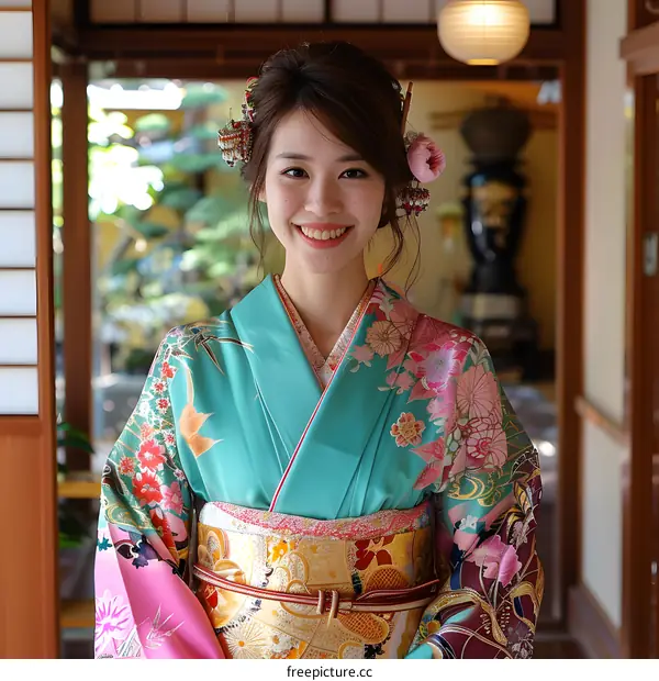 Smiling Woman Wearing Traditional Japanese Kimono