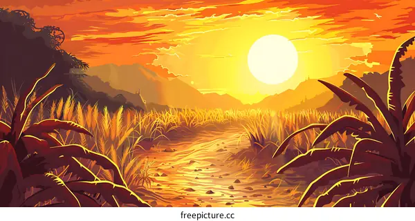 Sunset Over a Field of Grass