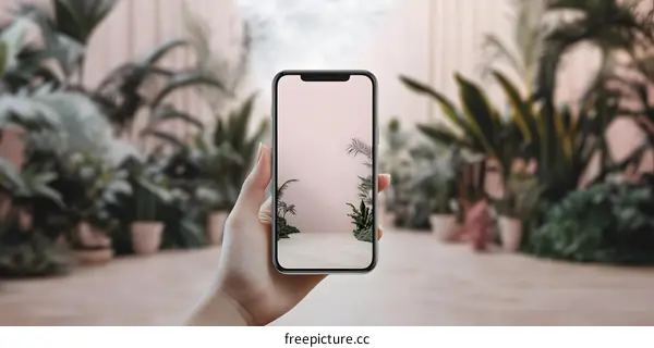 Hand Holding a Smartphone with a Tropical Plants Wallpaper
