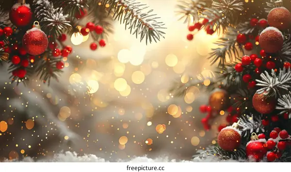 Red Christmas Ornaments with Snow Covered Pine Branches and Bokeh Lights