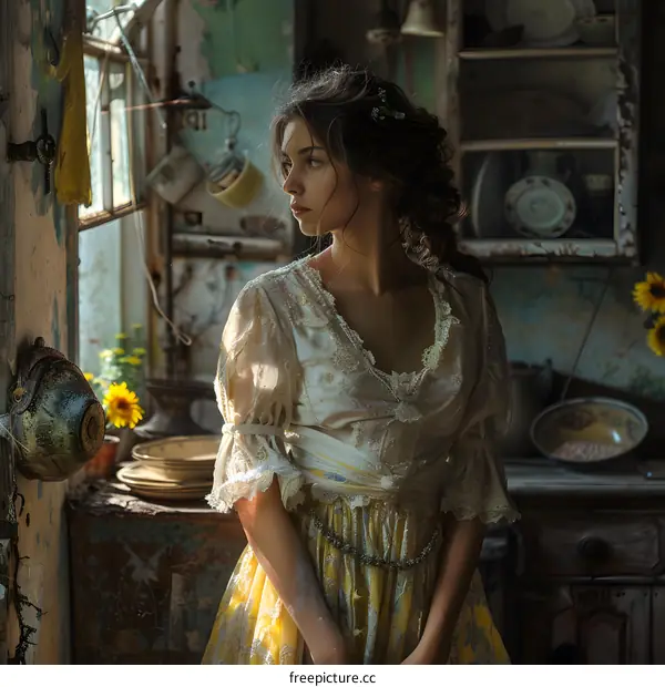 portrait of a girl in a yellow dress standing in a kitchen