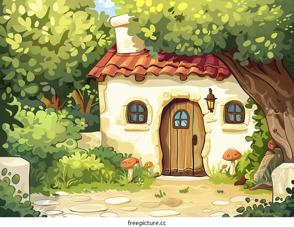 Cute Cartoon Illustration Of A House In The Woods