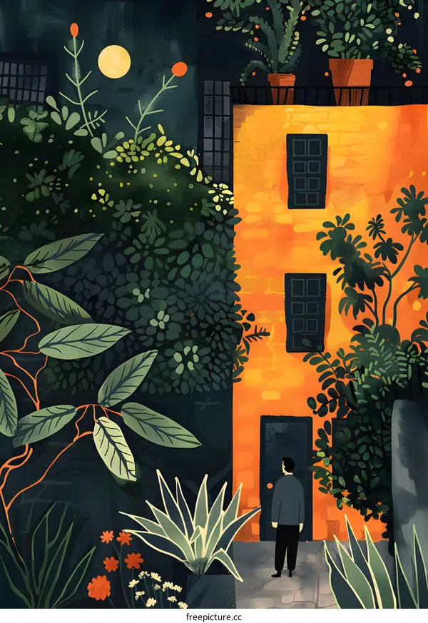 Man Standing in Front of Orange Building with Plants