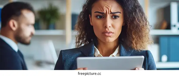 Surprised Businesswoman Looking at Tablet in Office