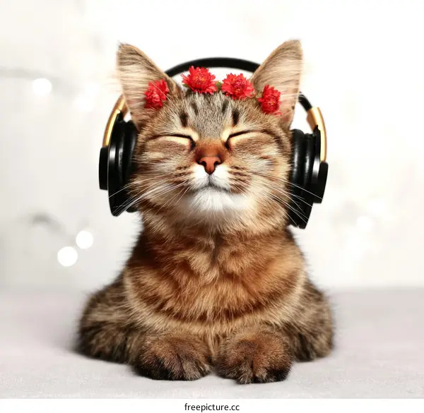 Cute Tabby Cat Listening to Music with Headphones and Flowers