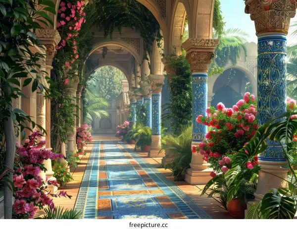 A Beautiful Garden with a Long Walkway, Flowers, and Columns