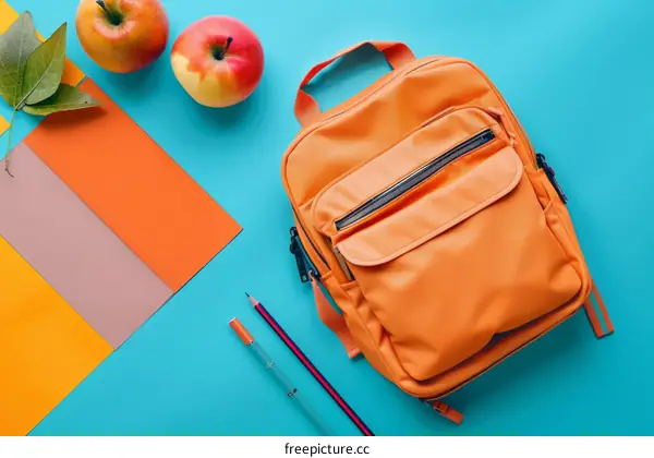 Orange Backpack with School Supplies on Blue Background