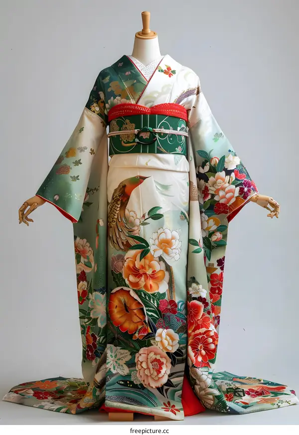 A kimono with a pattern of peacocks and flowers
