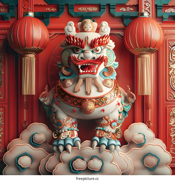 A Chinese guardian lion statue with red lanterns and clouds