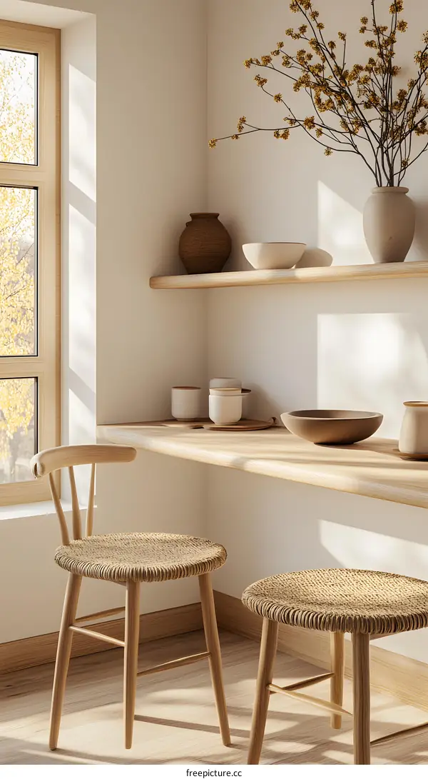 Minimalist Interior Design with Wooden Shelves and Rattan Chairs