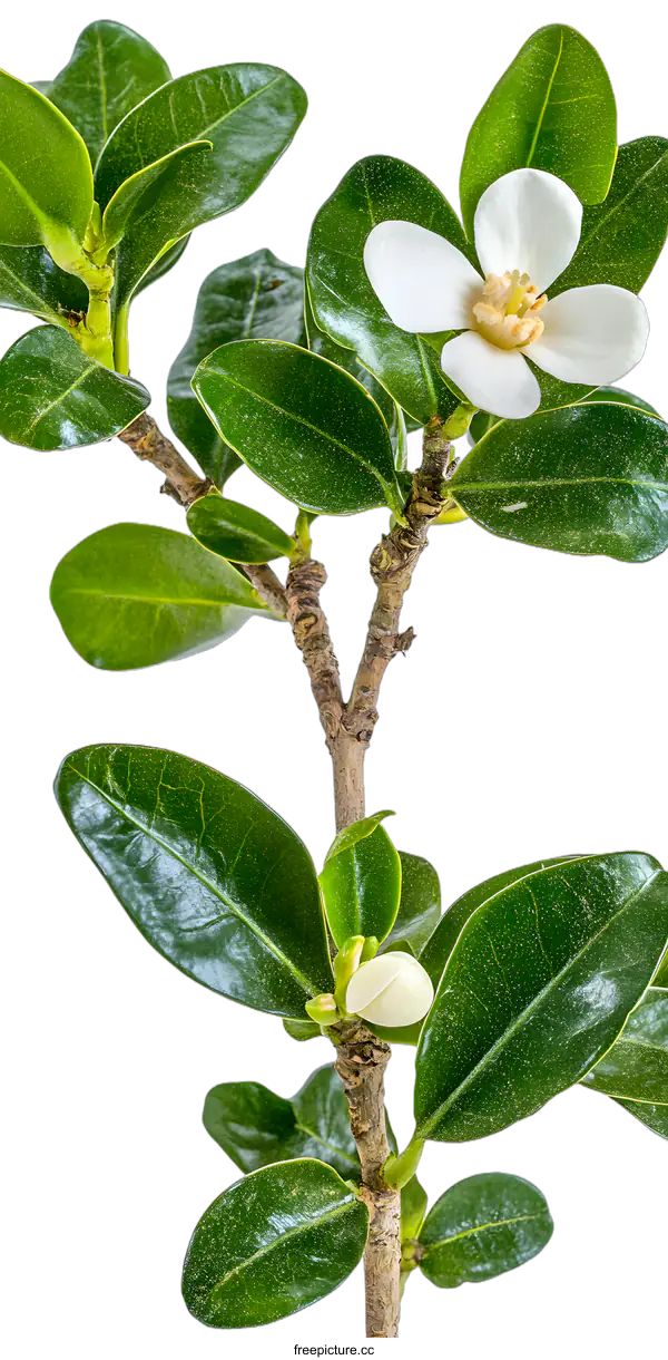 [Transparent Background PNG]Closeup of White Gardenia Flower Branch with Green Leaves