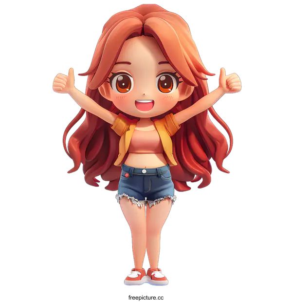 [Transparent Background PNG]Illustration of a chibi girl with long brown hair and brown eyes, wearing a yellow jacket, blue jean shorts, and white sneakers, giving a thumbs up with both hands