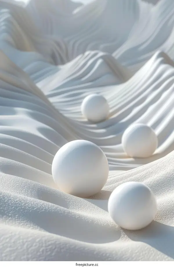 Four white spheres placed on a wavy white surface